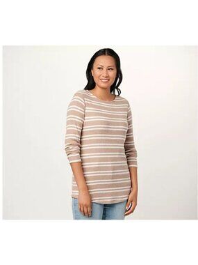 Susan Graver Petite Weekend Striped Brushed Rib Knit Tunic Womens XS Khaki NEW